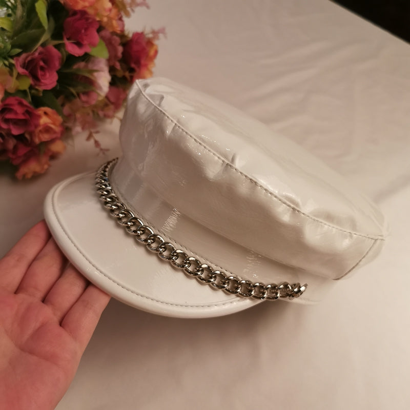 Fashion Octagonal Women's Patent Leather Chain Flat Hat