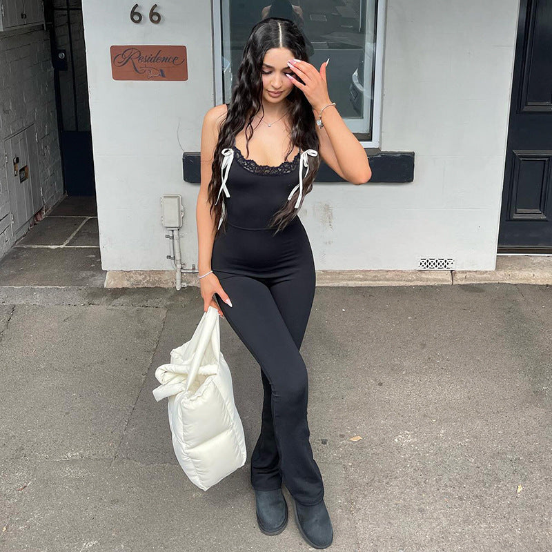 Lace-Panelled Casual Flared Jumpsuit With Bow-Tie Shoulder Straps