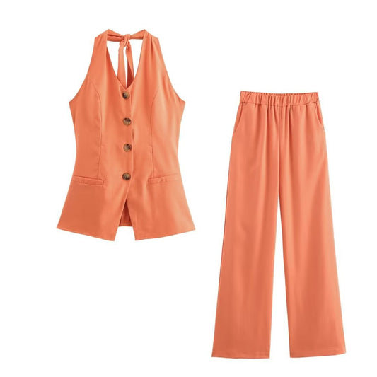 Classic Style Cotton And Linen Halterneck Vest Suit Women's Summer High-grade Trousers
