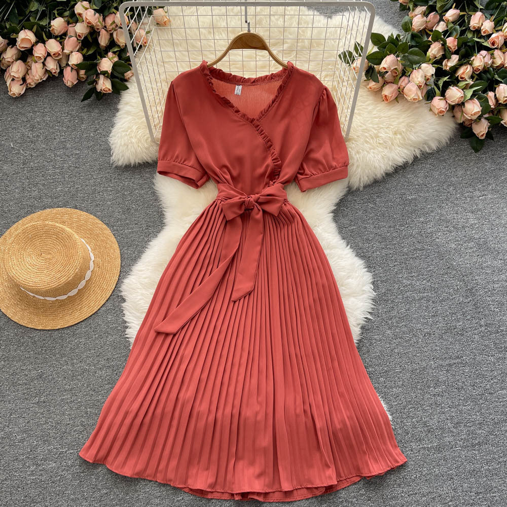 Fashionable Waist-cinching Tie-front Slimming Solid-color Minimalist Dress