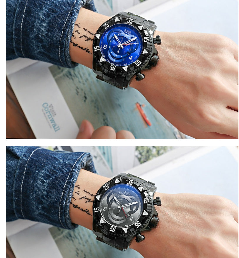 Explosion models watch men's fake three-eye luminous large dial steel belt sports men's watch