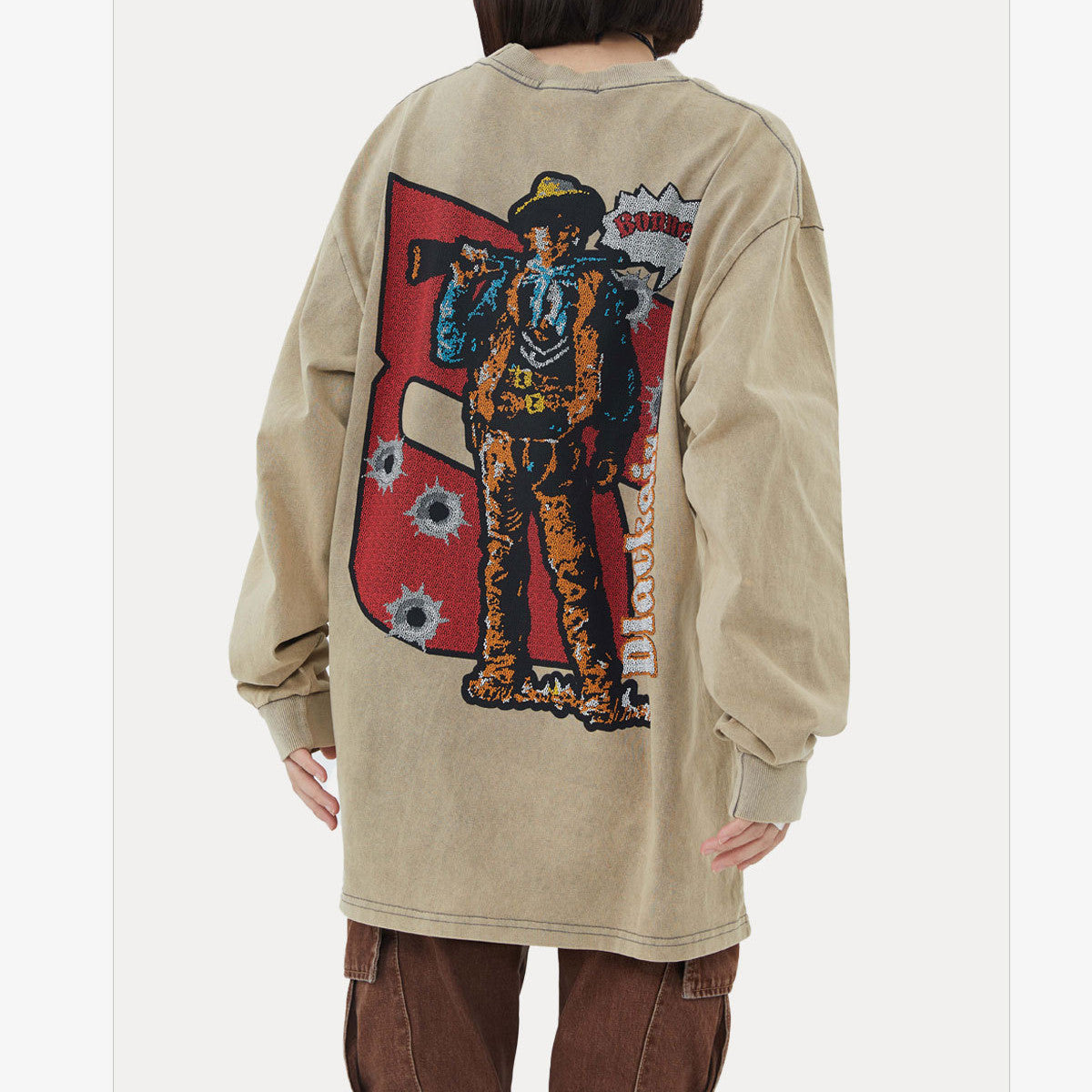 Denim Print Vasket Slidt Løs Langærmet T-Shirt