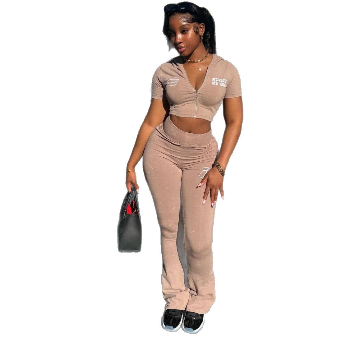 Womens Fashionable Slim-Fit Short-Sleeve Zippered Cropped Hooded Top And Pants Set
