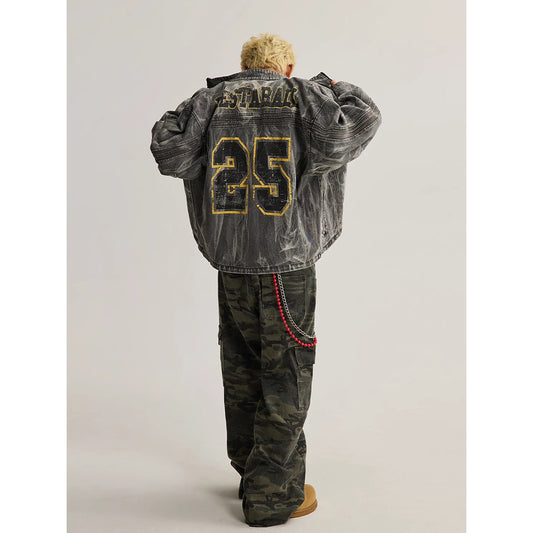 American High Street Distressed Graffiti Patterned Denim Jacket