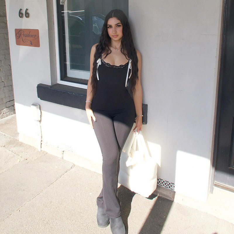 Lace-Panelled Casual Flared Jumpsuit With Bow-Tie Shoulder Straps