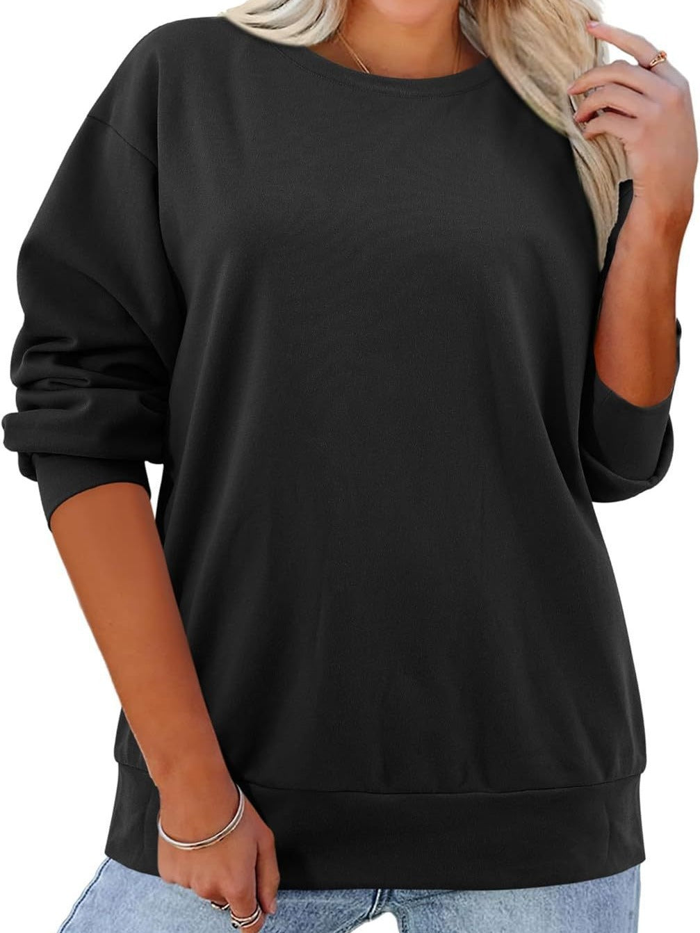 Fleece-lined Thick Round Neck Loose-fitting Solid Color Long Sleeves Sweater