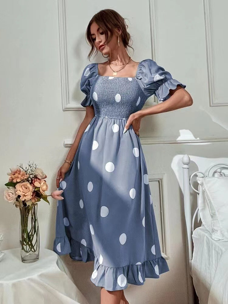 Big Round Dot Slim Fitting Sweet Ruffled Short Sleeved Dress