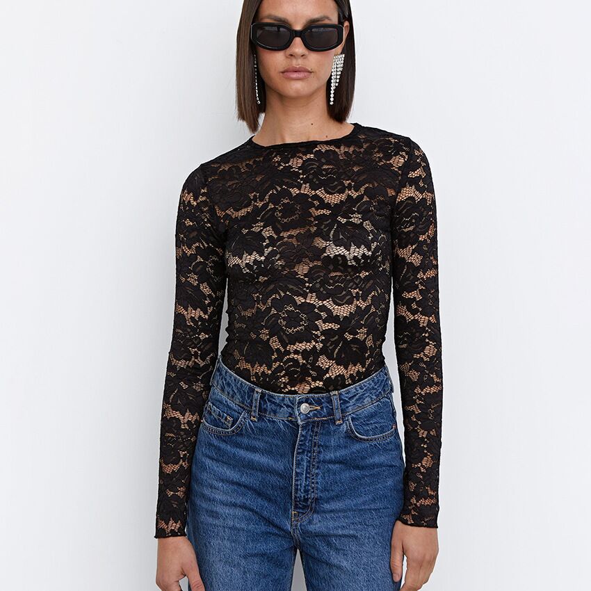 Womens Lace Slim-Fit Sheer Long-Sleeve Top