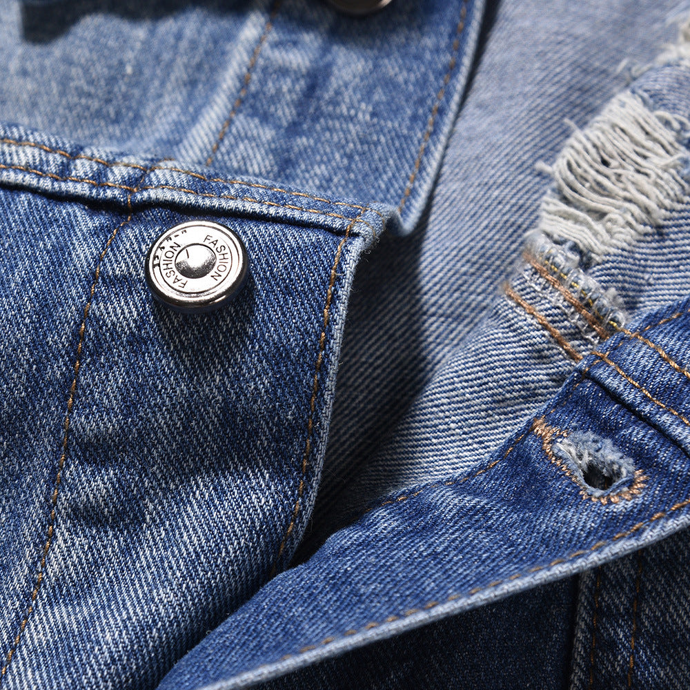 Spring And Autumn Denim Jacket Men's Washed Wear-White Ripped