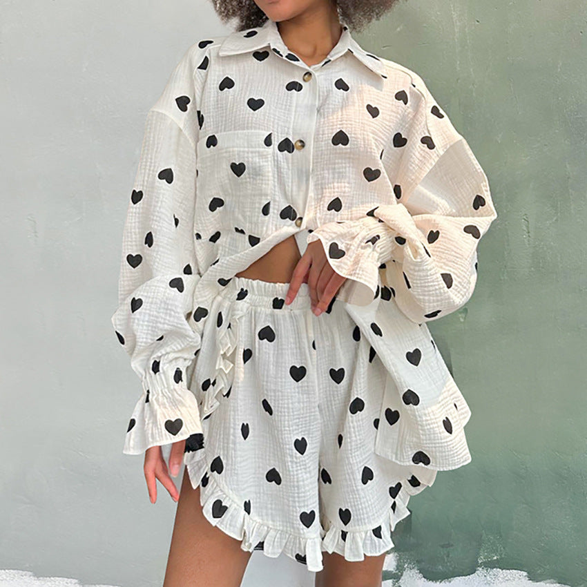 Spotted Print Long-Sleeve Shorts Loungewear Two-Piece Set