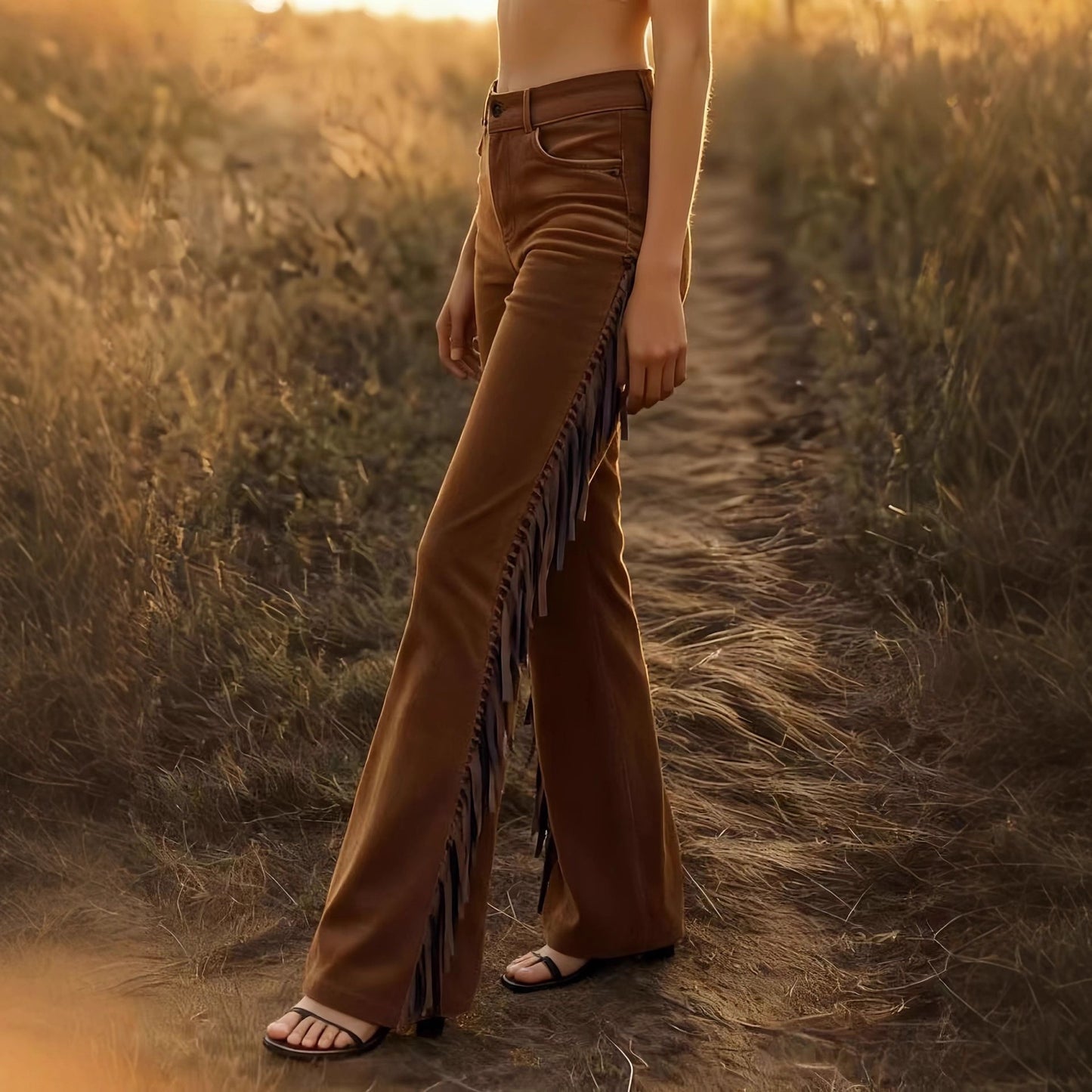 Retro Western-style Fringed Deerskin Flared Pants Casual Trousers