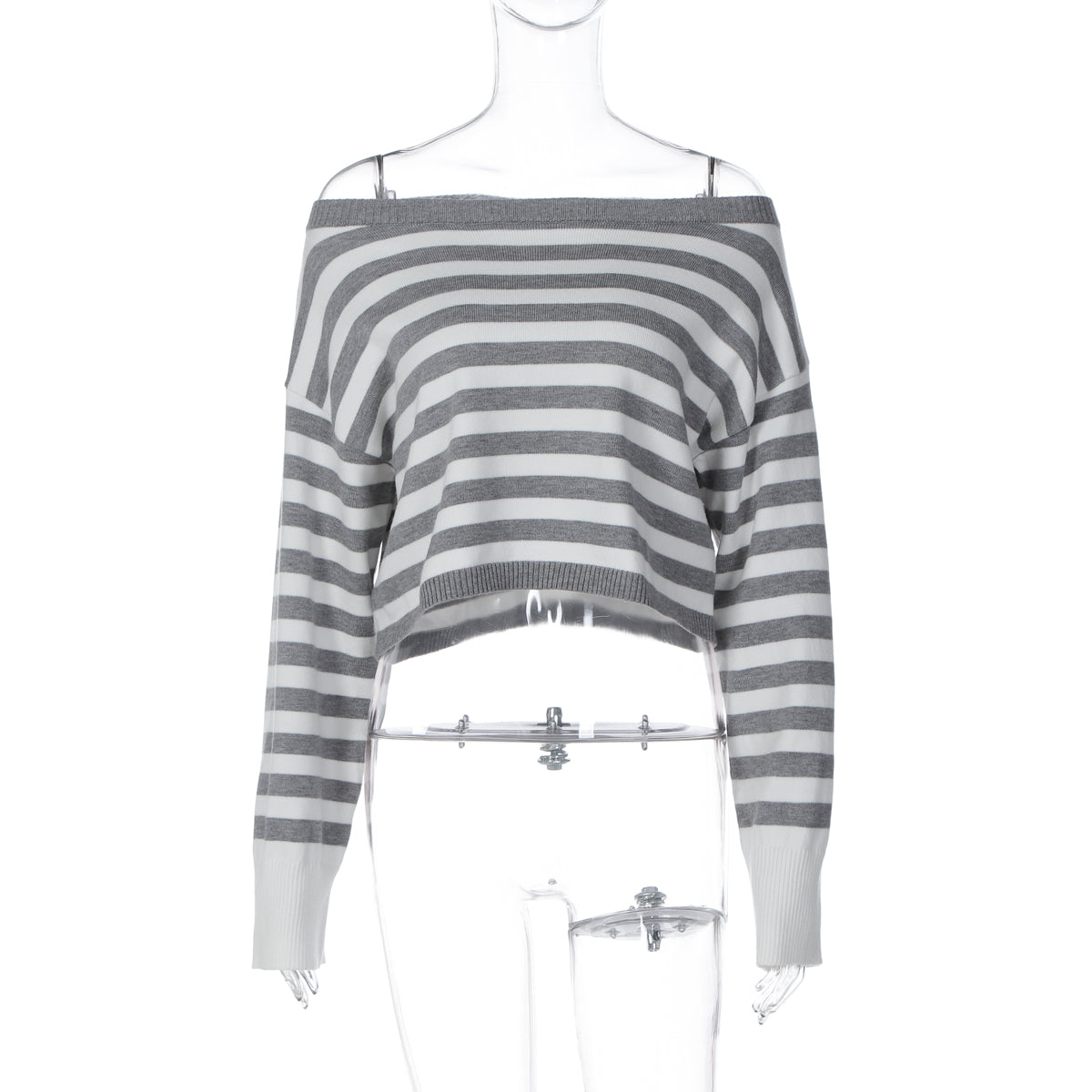 Design-focused Relaxed-style Striped Off-shoulder Long-sleeve Knit Sweater