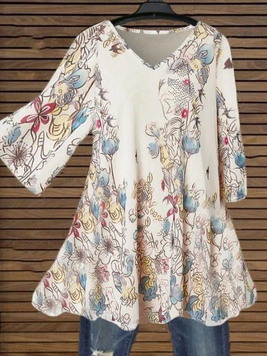 Multi-color Floral Print Cool V-neck Women's Blouse