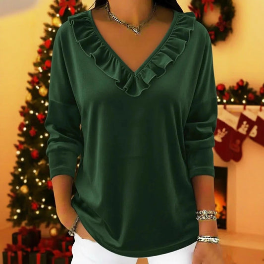 Womens Stylish Solid-Color Long-Sleeve Top With Ruffled V-Neck