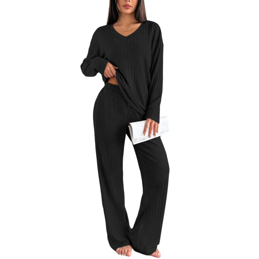 Autumn And Winter Suit Sunken Stripe Brushed Comfortable Loose Pajamas Ladies' Homewear Two Pieces