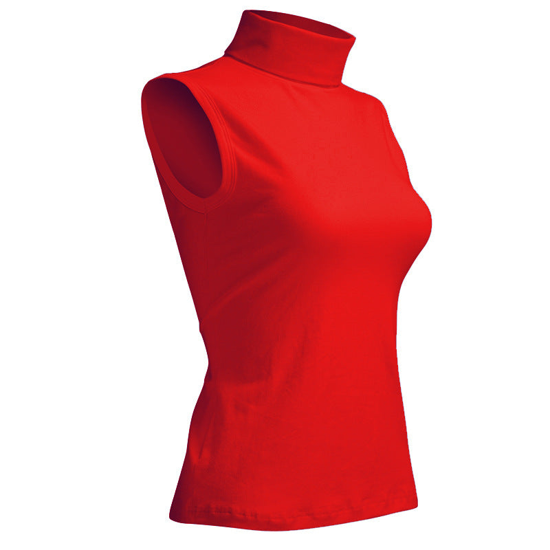 Women's Turtleneck Sleeveless Stretch Cotton T-shirt Vest