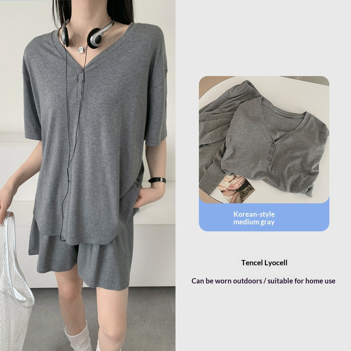 Home Wear Set Cool-to-the-touch V-neck Short-sleeve Shorts Skin-friendly Soft Loose-fitting Pajamas