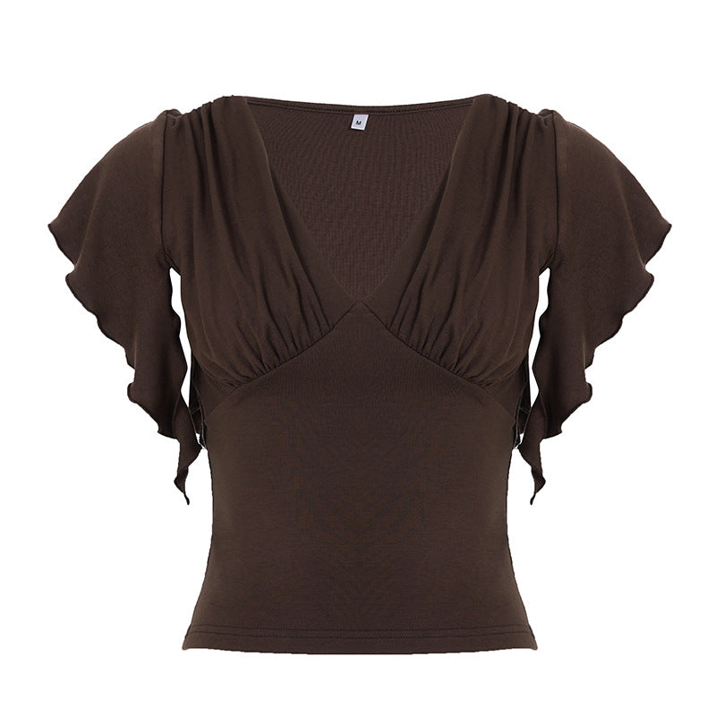 Womens Retro V-Neck Solid-Color Slimming Top
