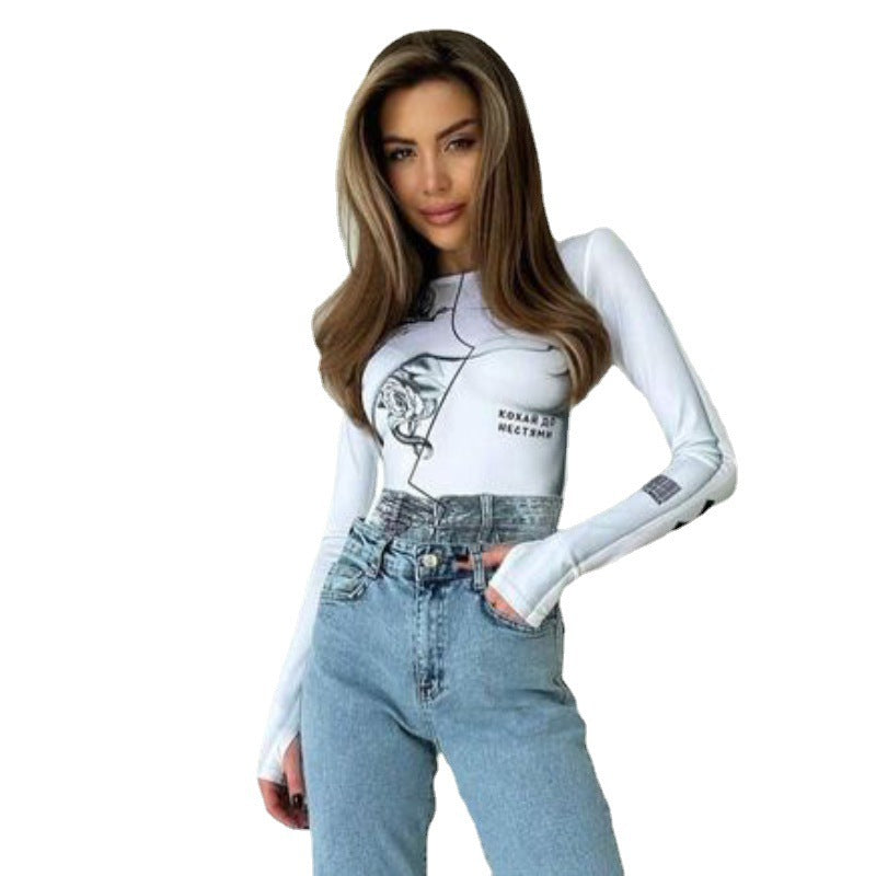 Round Neck Long Sleeve Fashion Print Slim Versatile Sexy Bodysuit