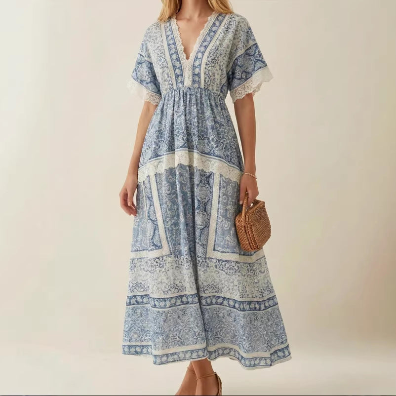 Chic V-neck Printed Waist-Cinching Short-Sleeve Womens Dress