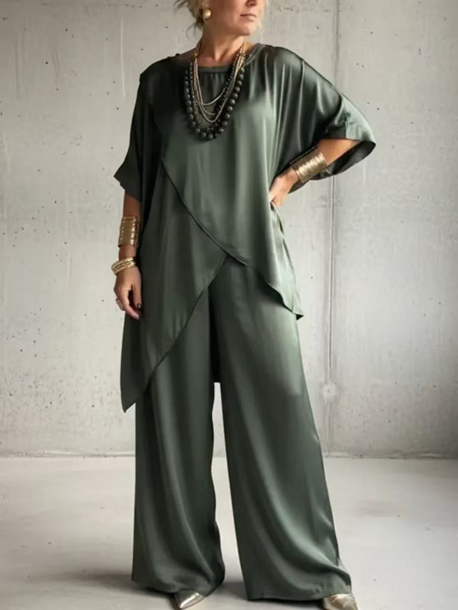 Womens Loose Casual Set With A Crew Neck And Asymmetrical Hem