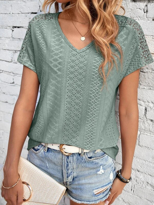 Women's Solid Color And V-neck Top Hollow Mesh Short Sleeve