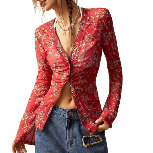 European And American Printed Shirt Women's Slim Fit Slimming Retro Temperament