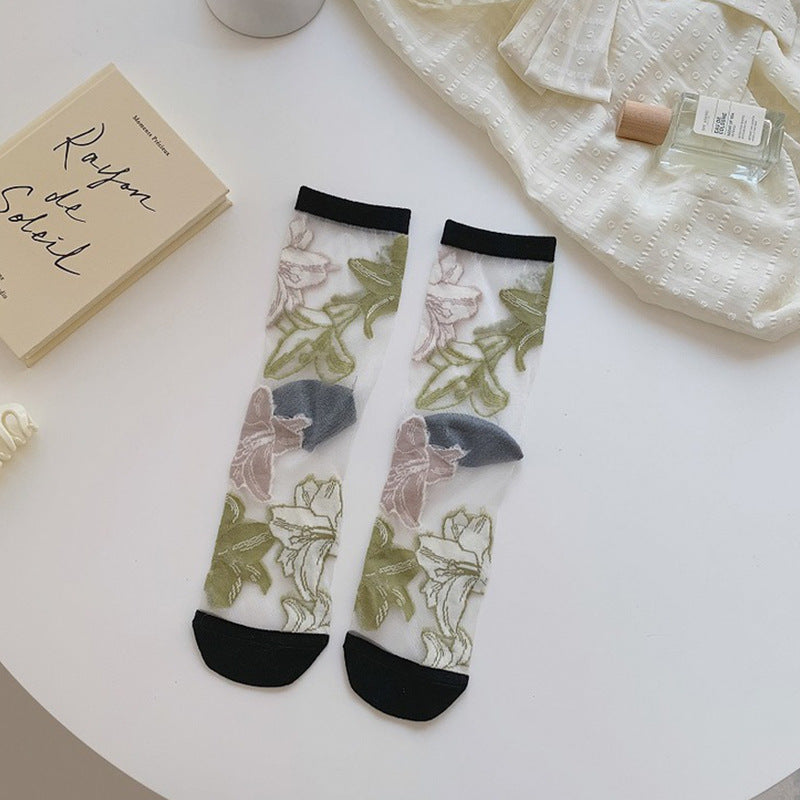 Spring And Summer Ultra-thin Breathable Retro Large Flower Spun Glass Mid-calf Socks Crystal Long Socks