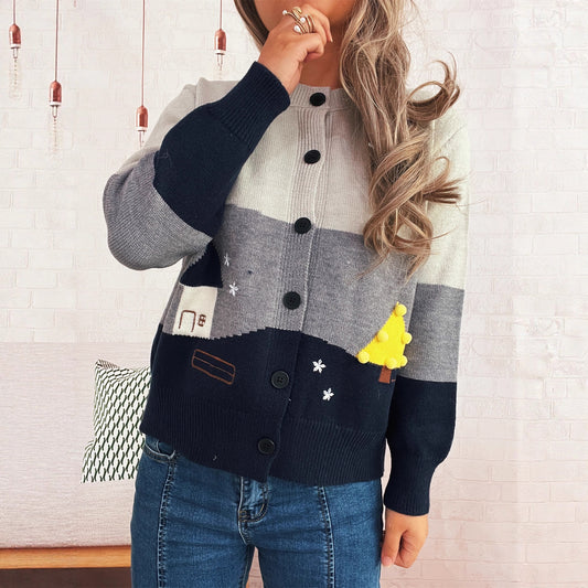 Casual Cute Knitted Village Cottage Jacquard Round Neck Contrast Color Sweater