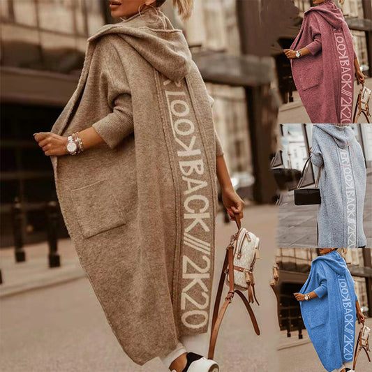 Medium Long Cardigan Hooded Letter Knitted European And American Sweater Coat