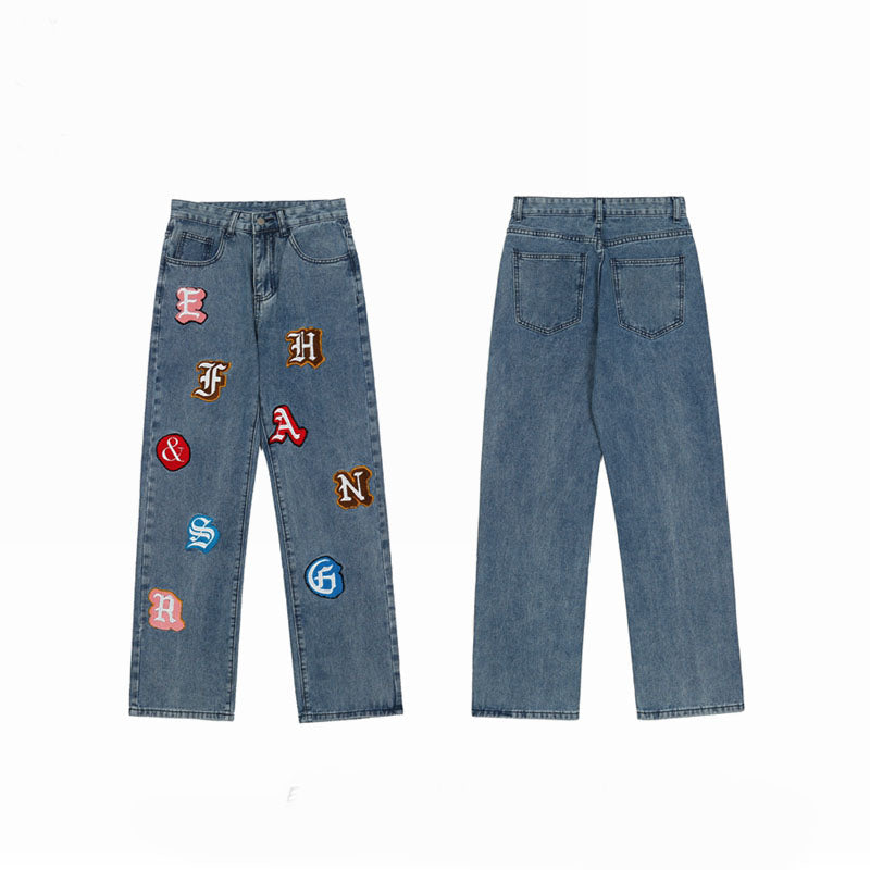 High Street Letter Flocking Washed Distressed Jeans