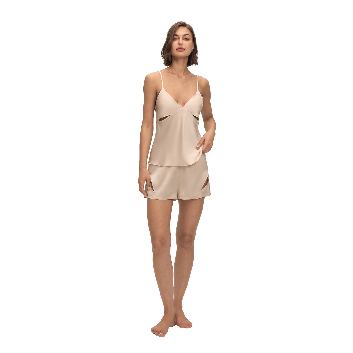 Satin Chiffon Cami Shorts Pajama Set For Home Wear