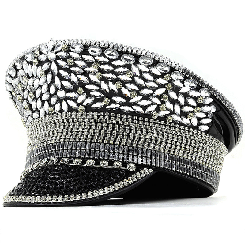 Kvinders Diamant Bryllupshat Sølv Pailletter Diamanter Fotohue Kasket med skygge Flad-top Hat Performance Hat