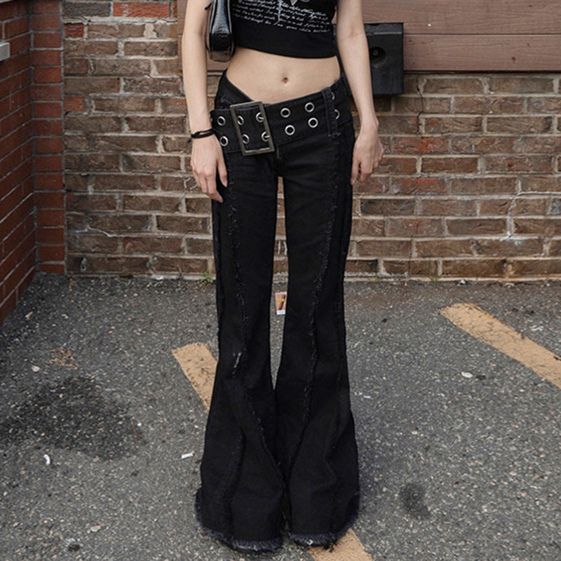 New Metal Wide Belt Frayed Low Waist Skinny Jeans For Women