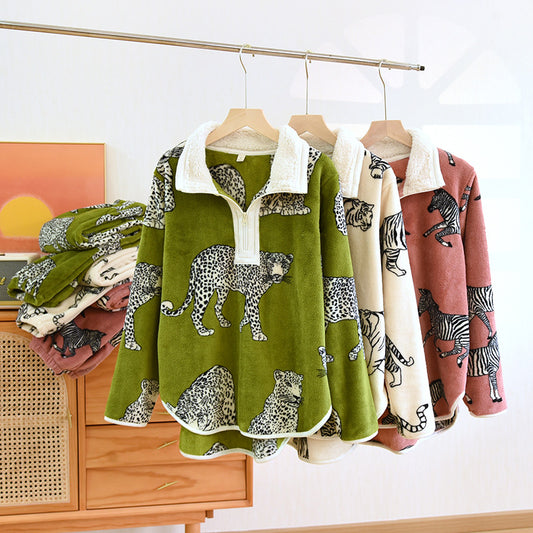 Women's Zipper Collar Pullover Flannel Pajamas Suit