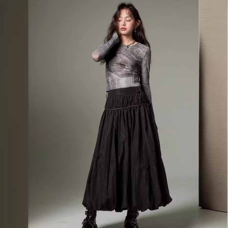Simple Temperament Pleated High Waist Long Bud Skirt Solid Color