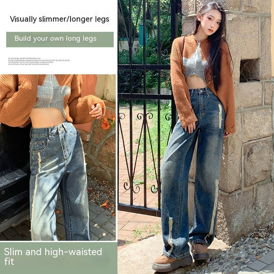 Jeans med huller, høj talje og tynd pasform
