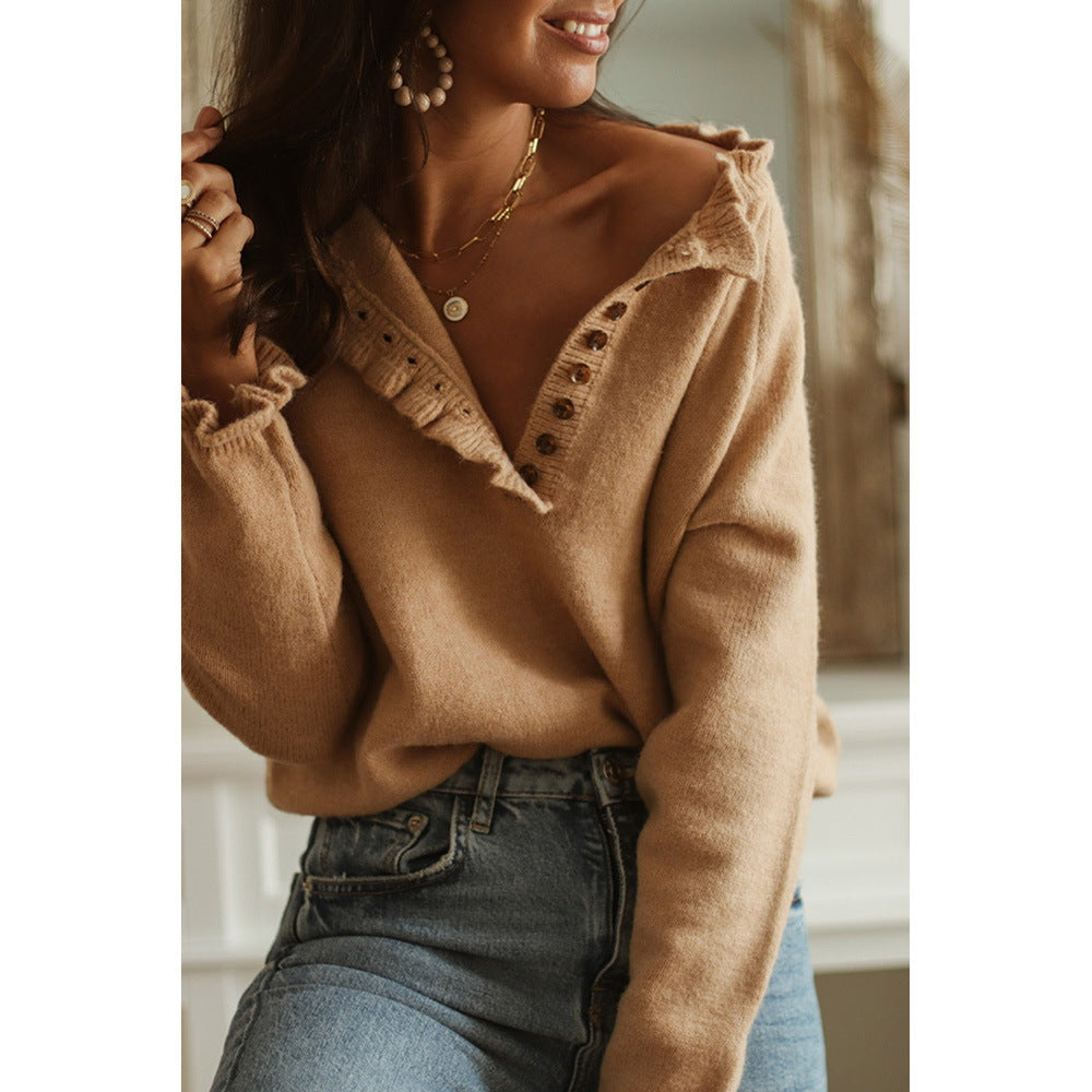 New Style Frill Button Knitted Pullover Crew Neck Sweater Women