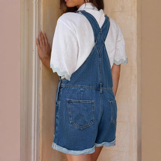strap Rolled-hem Washed-blue Suspender Jeans