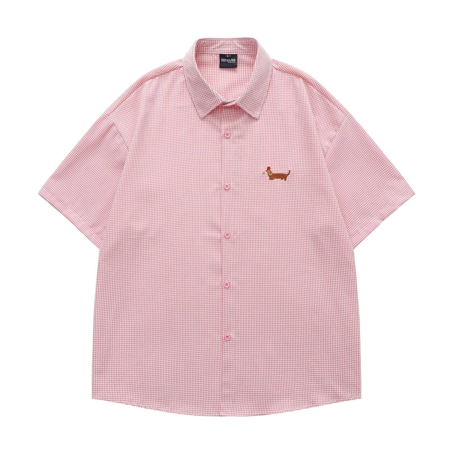 American Retro Dachshund Funny Embroidery Short Sleeve Plaid Shirt