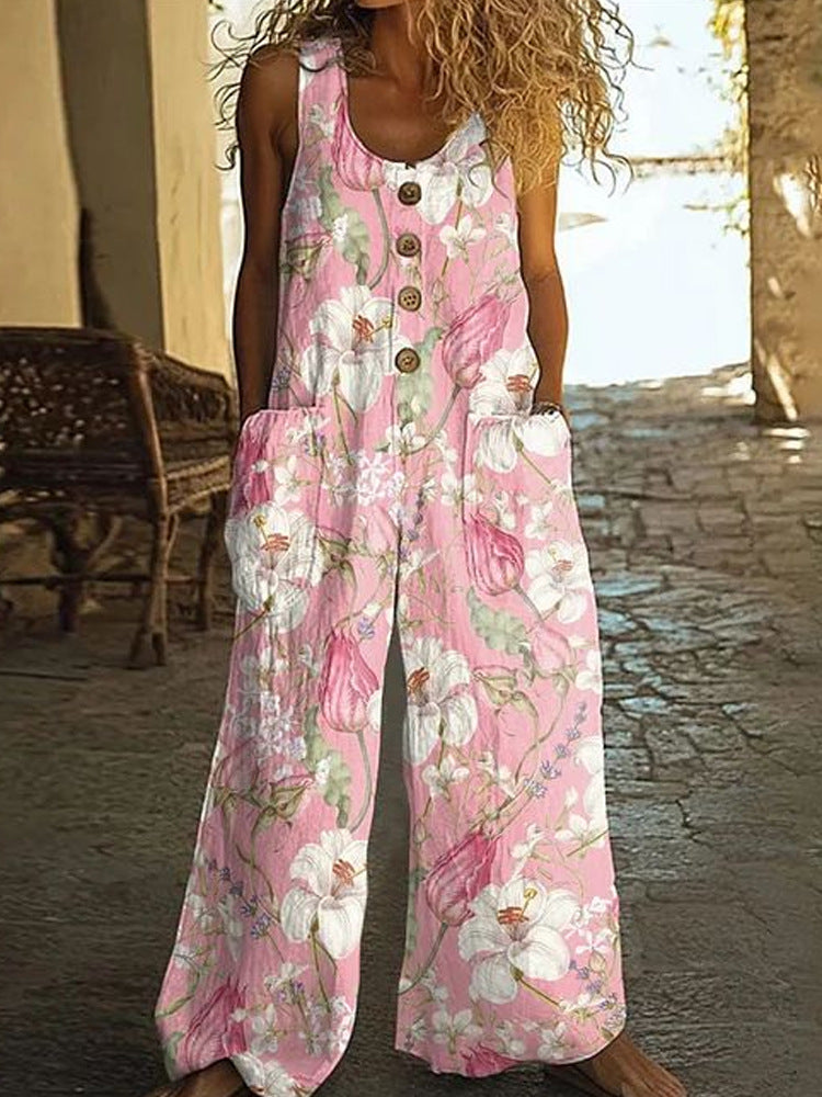 Womens Sleeveless Loose Pocketed Jumpsuit