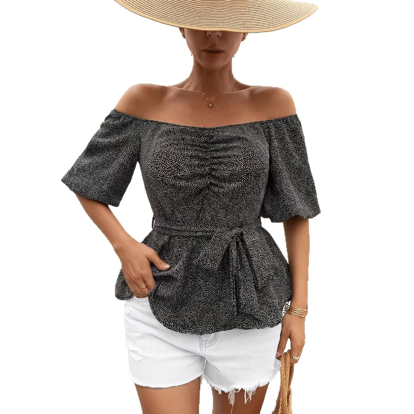 Womens Stylish Waist-cinching Off-shoulder Short-sleeve Top