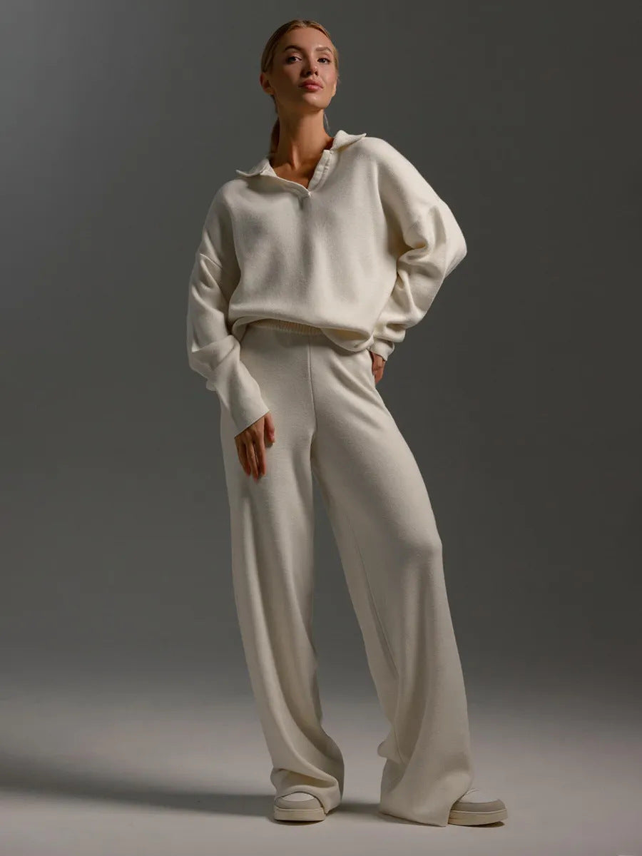 Relaxed, Chic Urban Commute-style Wide-leg Pants Set With A Casual Sweatshirt