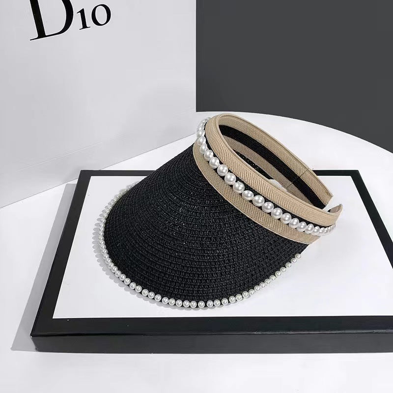 Empty Top Sunshade Pearl Straw Hat Women Lace