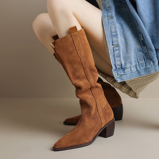 Womens Solid-Color Handmade Retro Long Boots For FallWinter
