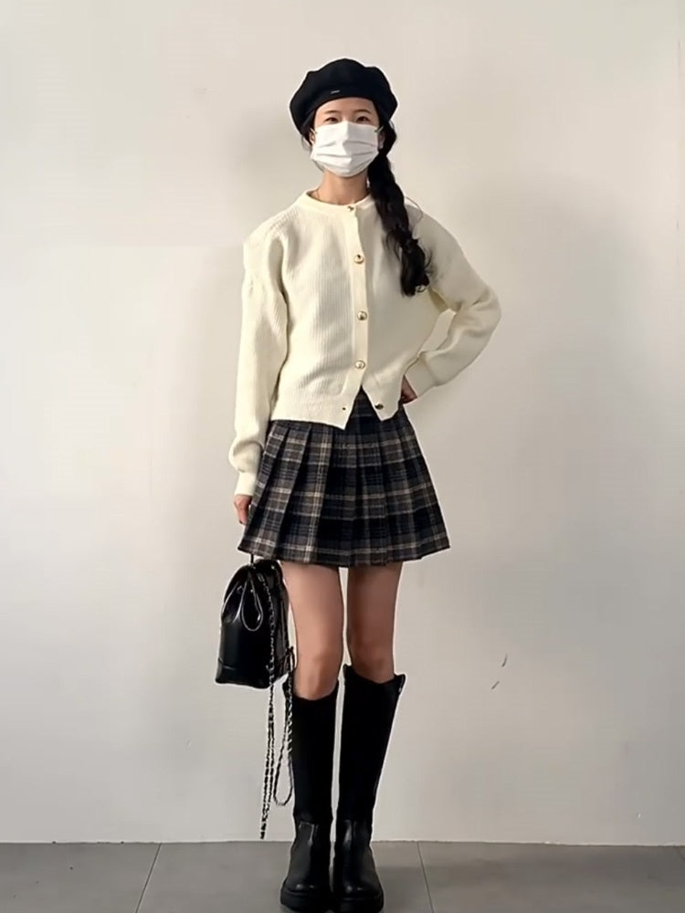 Anti-exposure Lined Bottoming Woolen Skirt Pleated Plaid Skirt