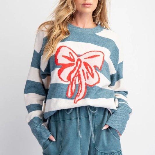 Women's Round Neck Pullover Long Sleeve Bowknot Sweater