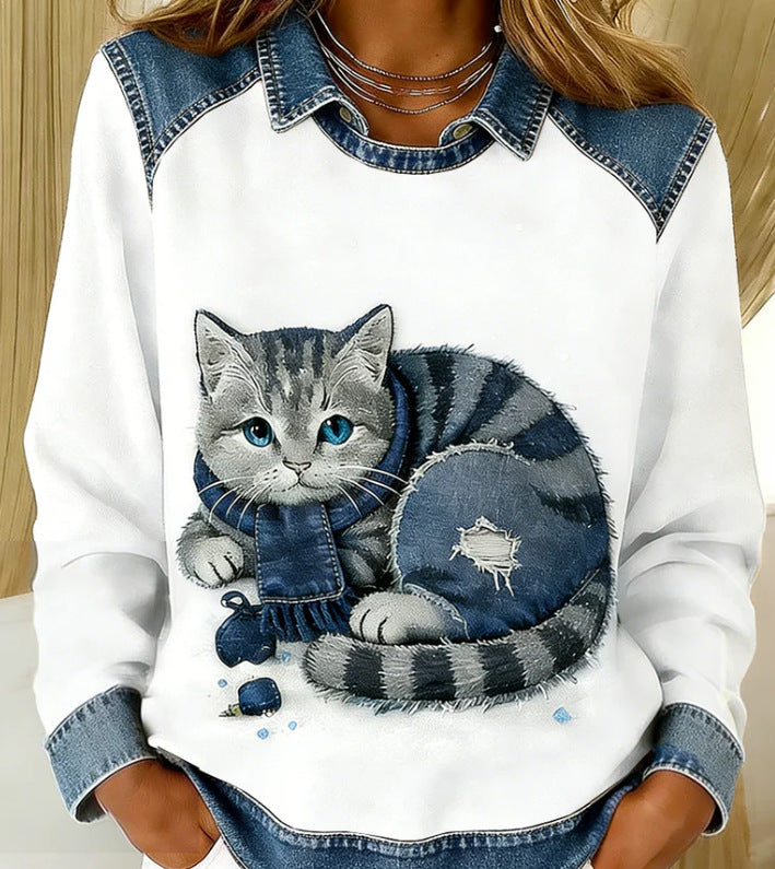 Womens Denim Crew-Neck 3D Digital Print V-Neck T-Shirt