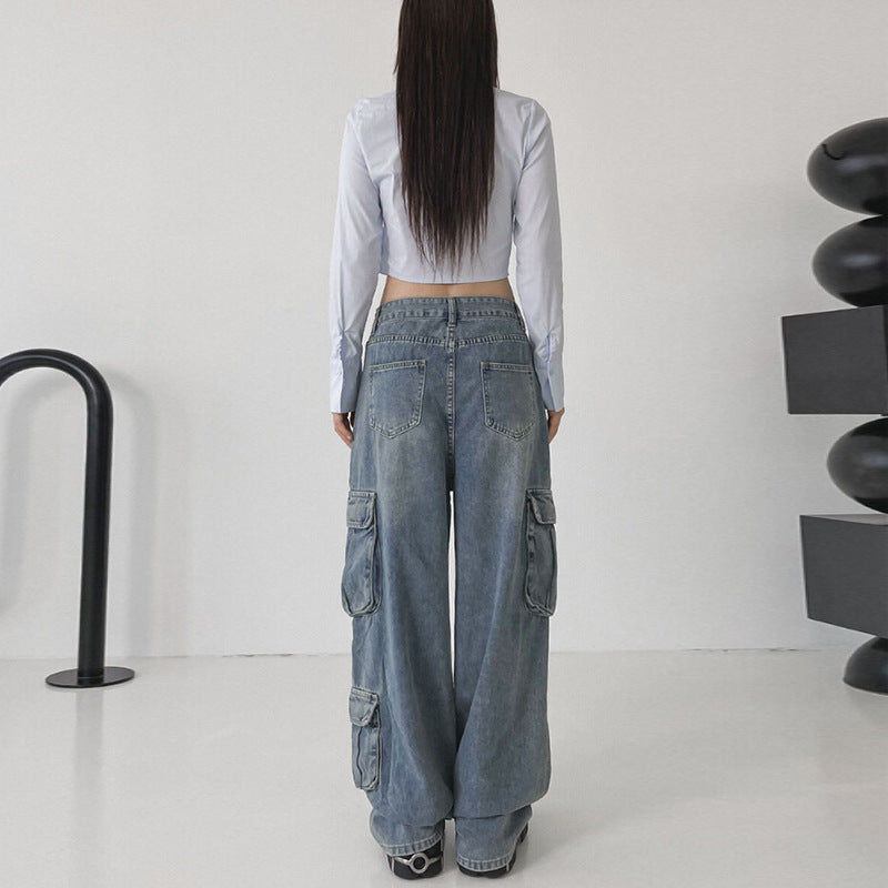 Worn Blue Loose Draping Straight Tube Mop Pants
