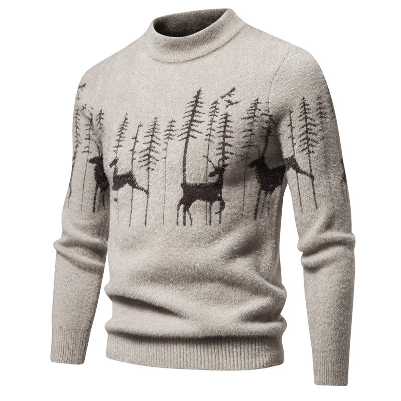 Herre striktrøje til efterår/vinter, slim underdel, trendy rundhalset pullover med julehjorteprint